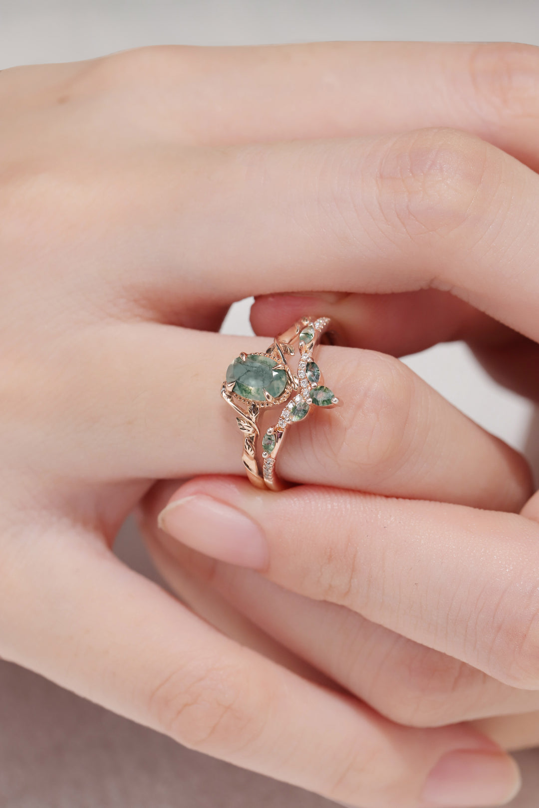 Nature Inspired Oval Shaped Moss Agate Leaf Gemstone Ring Set 2pcs