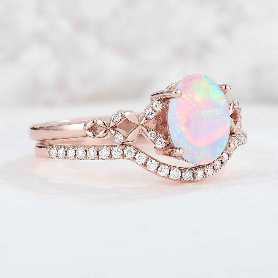 Nature Inspired Oval Shaped Opal Gemstone Ring Set