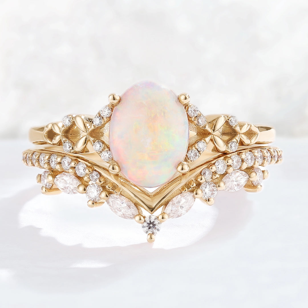 Nature Inspired Oval Shaped Opal Gemstone Ring Set 2pcs