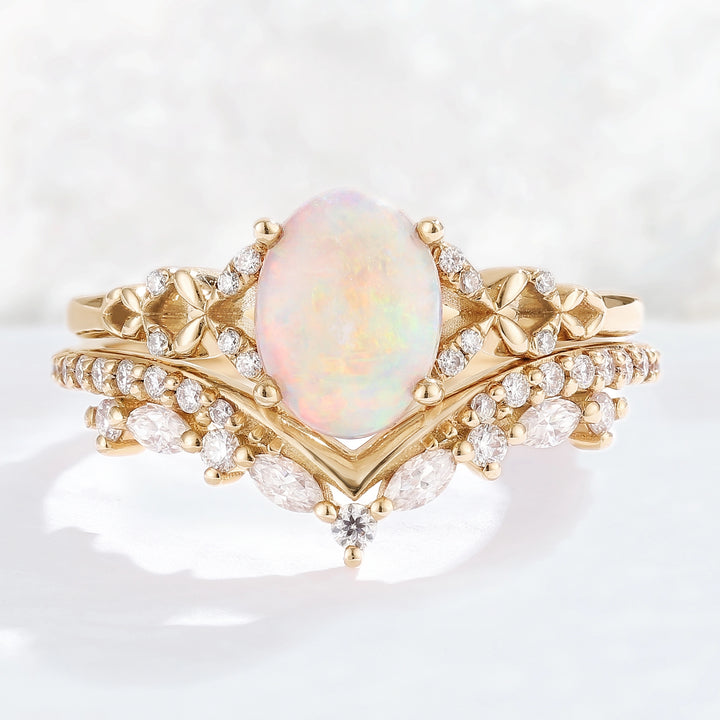 Nature Inspired Oval Shaped Opal Gemstone Ring Set 2pcs