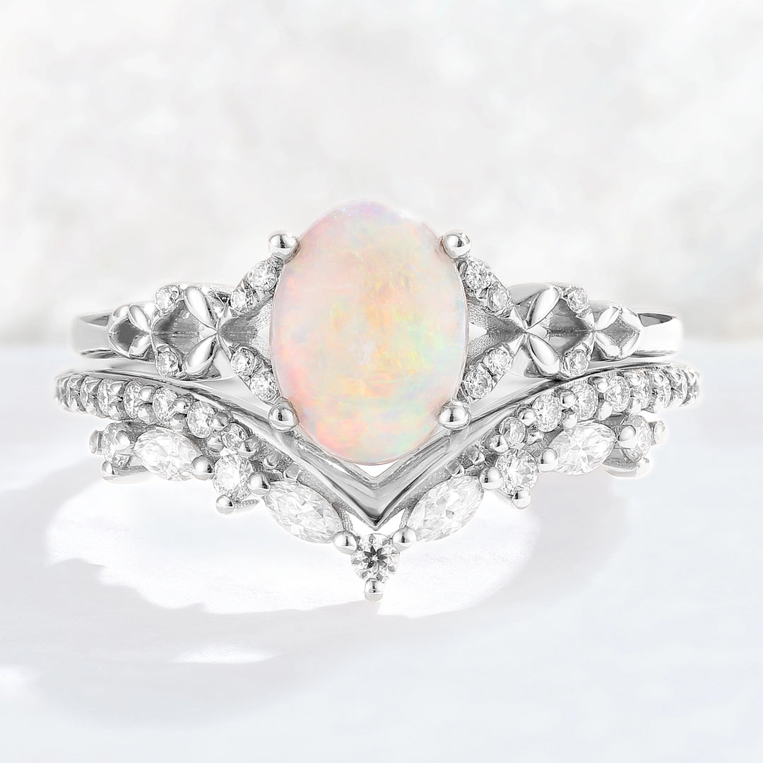 Nature Inspired Oval Shaped Opal Gemstone Ring Set 2pcs
