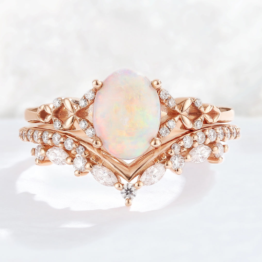 Nature Inspired Oval Shaped Opal Gemstone Ring Set 2pcs