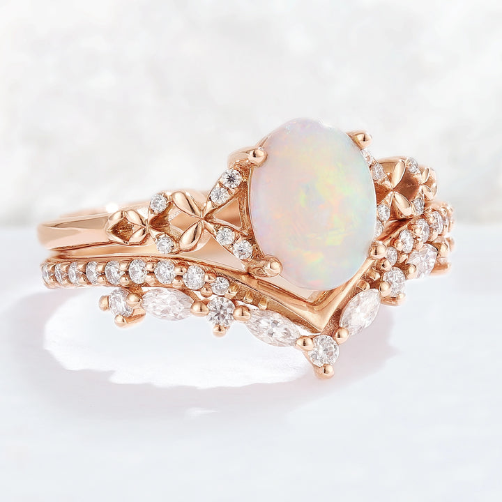Nature Inspired Oval Shaped Opal Gemstone Ring Set 2pcs