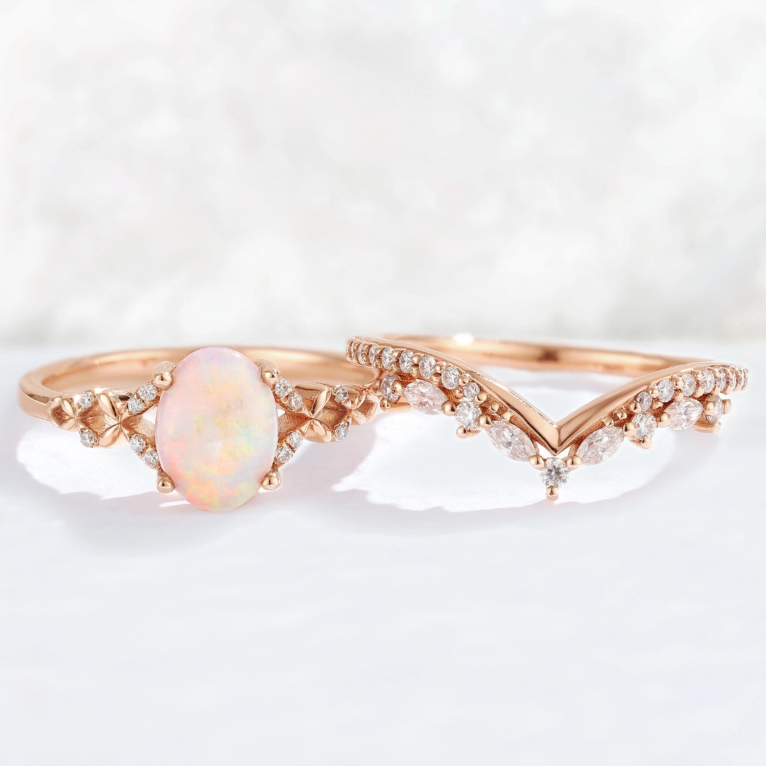 Nature Inspired Oval Shaped Opal Gemstone Ring Set 2pcs