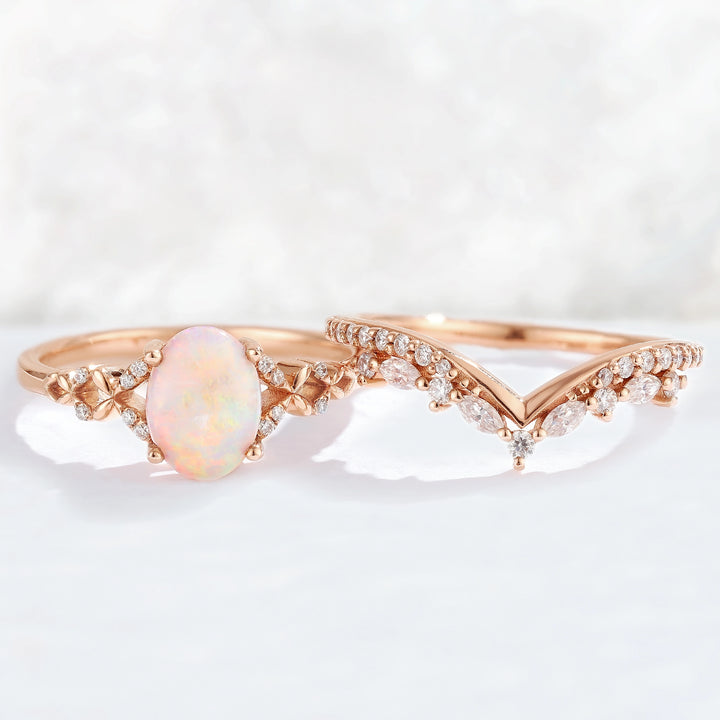 Nature Inspired Oval Shaped Opal Gemstone Ring Set 2pcs