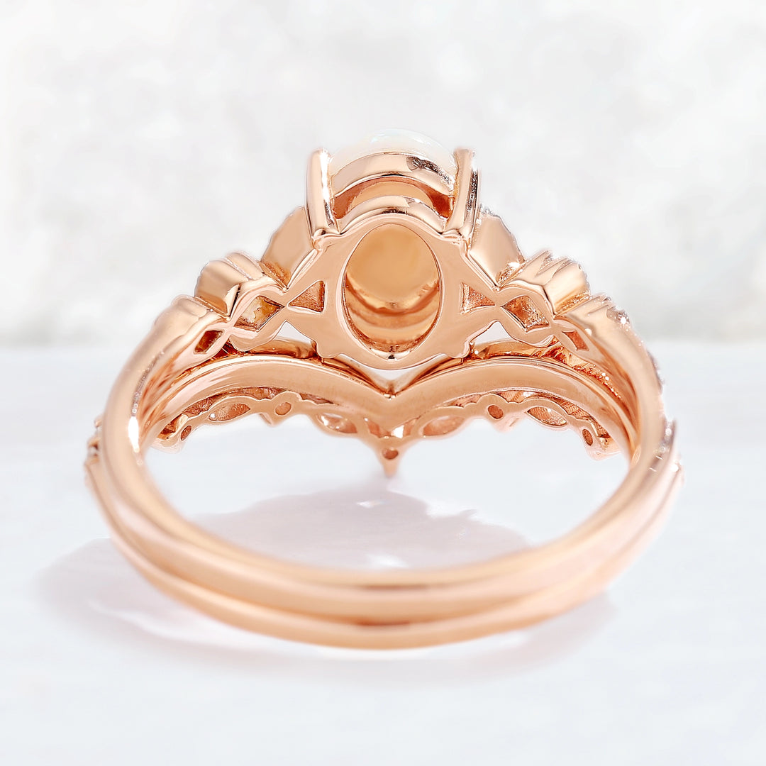 Nature Inspired Oval Shaped Opal Gemstone Ring Set 2pcs