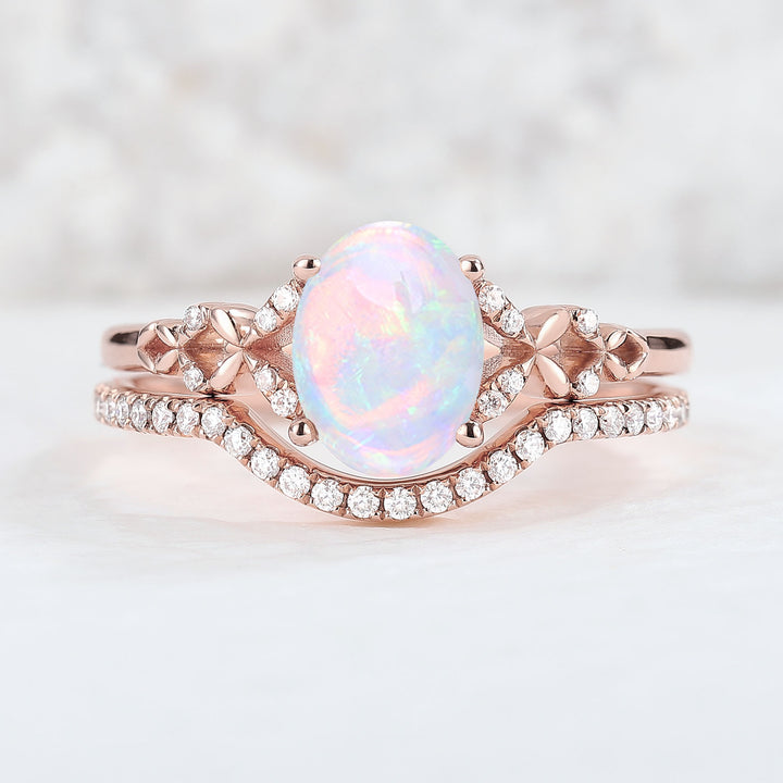 Nature Inspired Oval Shaped Opal Handmade Ring Set 2pcs