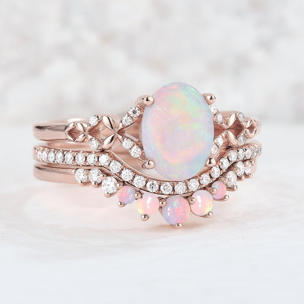 Nature Inspired Oval Shaped Opal Handmade Ring Set 3pcs