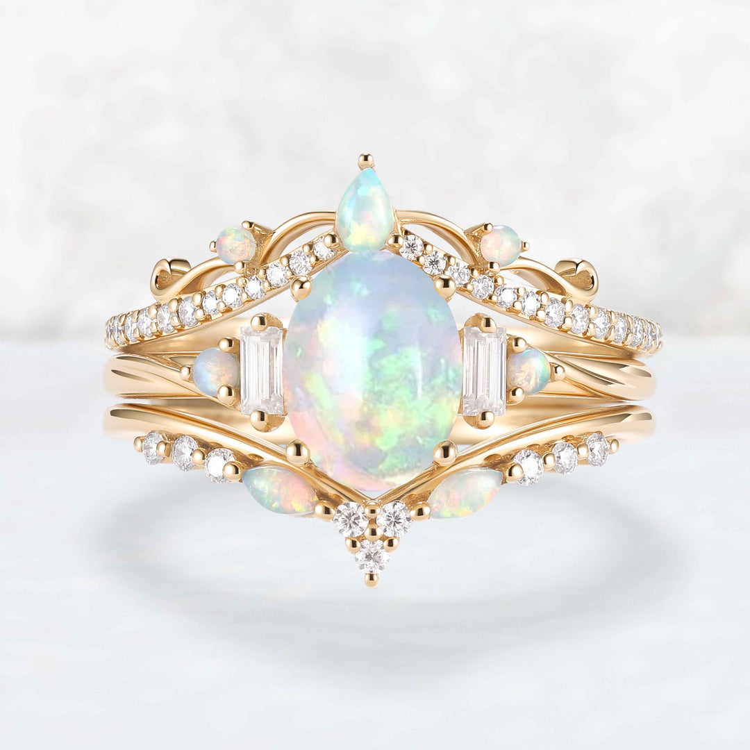 Nature Inspired Oval Shaped Opal Ring Set 3pcs