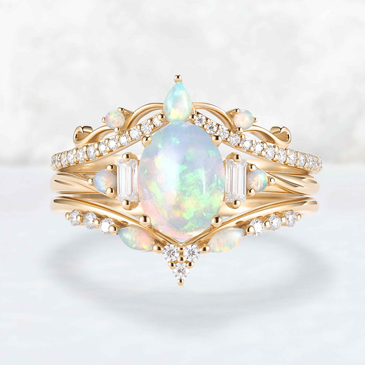 Nature Inspired Oval Shaped Opal Ring Set 3pcs