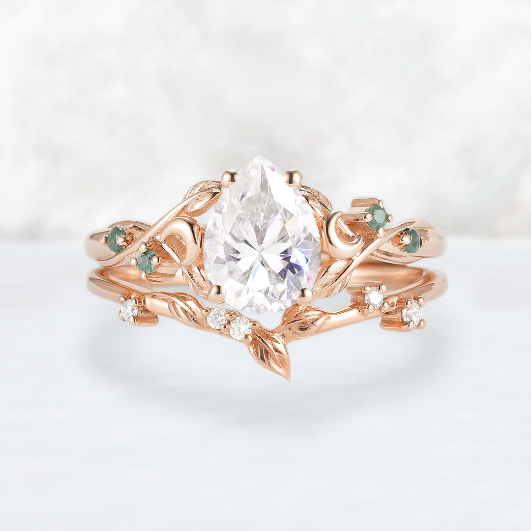 Nature Inspired Pear Cut Moissanite Moon Gemstone Ring Set 2pcs