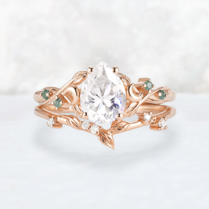 Nature Inspired Pear Cut Moissanite Moon Gemstone Ring Set 2pcs