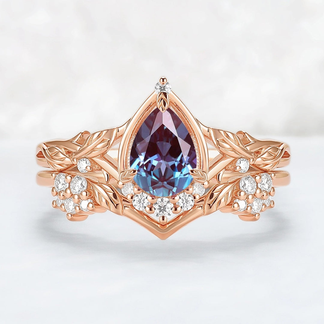 Nature Inspired Pear Cut Alexandrite Leaves Gemstone Ring Set 2pcs