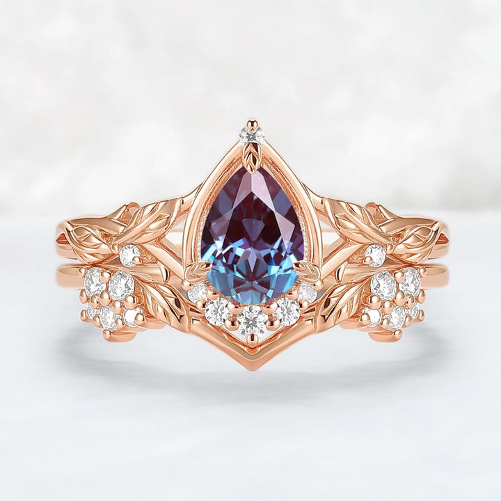 Nature Inspired Pear Cut Alexandrite Leaves Gemstone Ring Set 2pcs