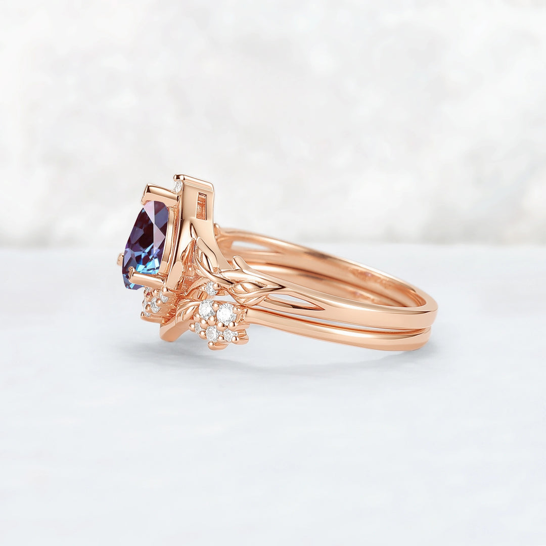 Nature Inspired Pear Cut Alexandrite Leaves Gemstone Ring Set 2pcs