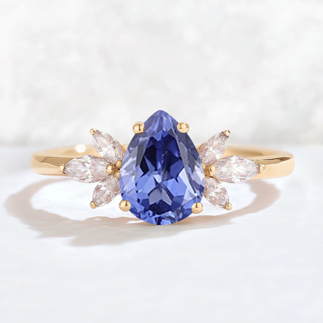 Nature Inspired Pear Cut Cornflower Sapphire with Petal Side Gemstone Ring