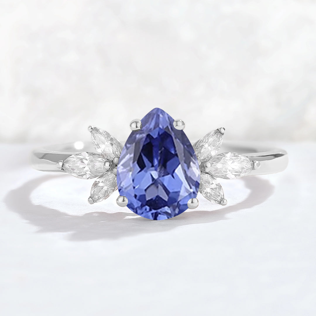 Nature Inspired Pear Cut Cornflower Sapphire with Petal Side Gemstone Ring