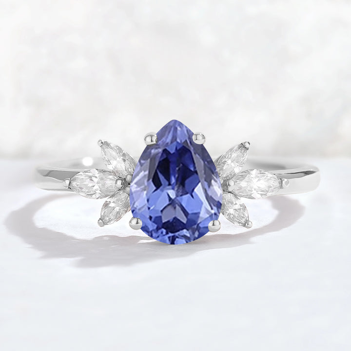 Nature Inspired Pear Cut Cornflower Sapphire with Petal Side Gemstone Ring