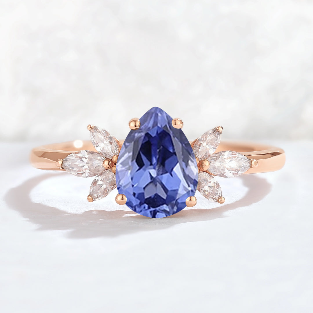 Nature Inspired Pear Cut Cornflower Sapphire with Petal Side Gemstone Ring