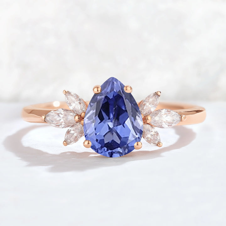 Nature Inspired Pear Cut Cornflower Sapphire with Petal Side Gemstone Ring