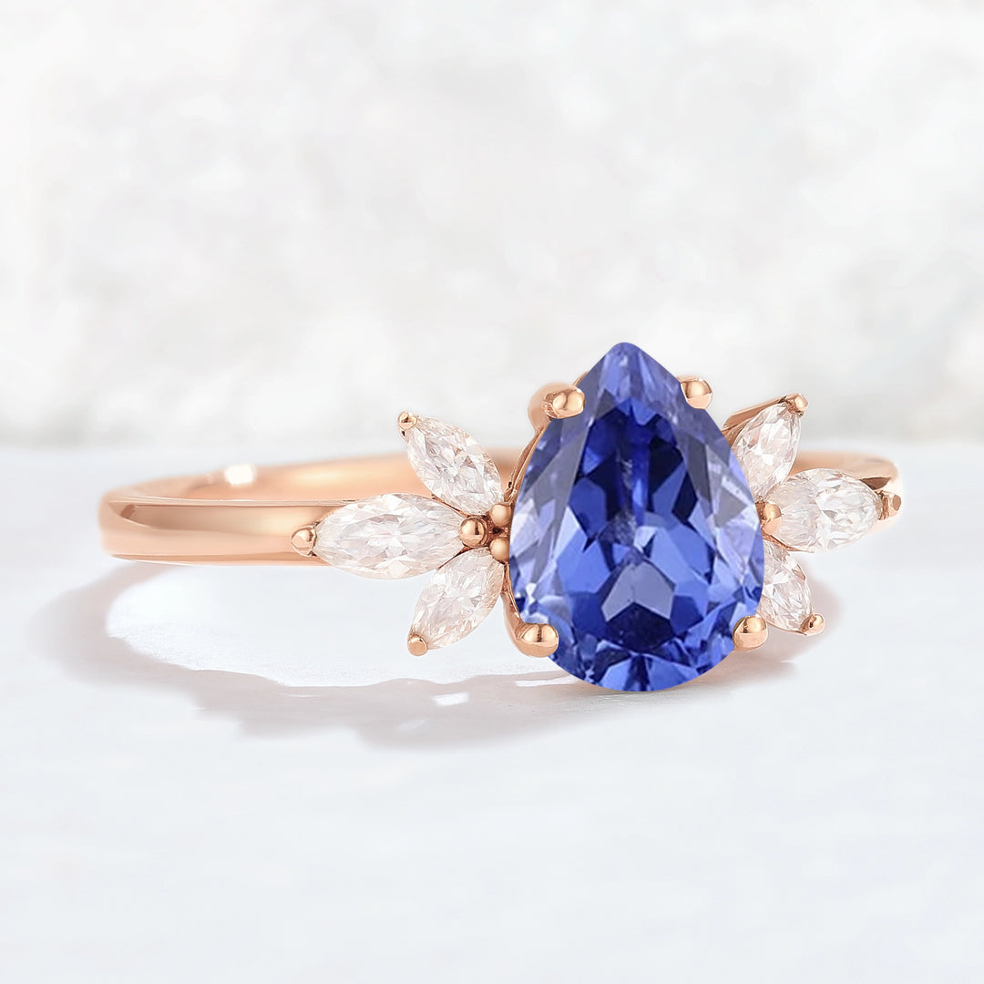 Nature Inspired Pear Cut Cornflower Sapphire with Petal Side Gemstone Ring