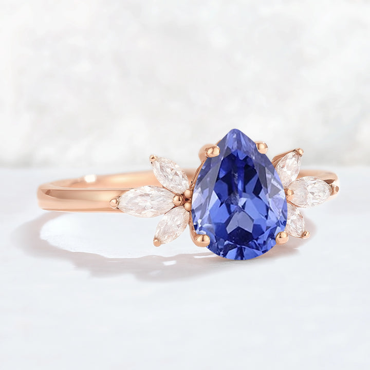Nature Inspired Pear Cut Cornflower Sapphire with Petal Side Gemstone Ring