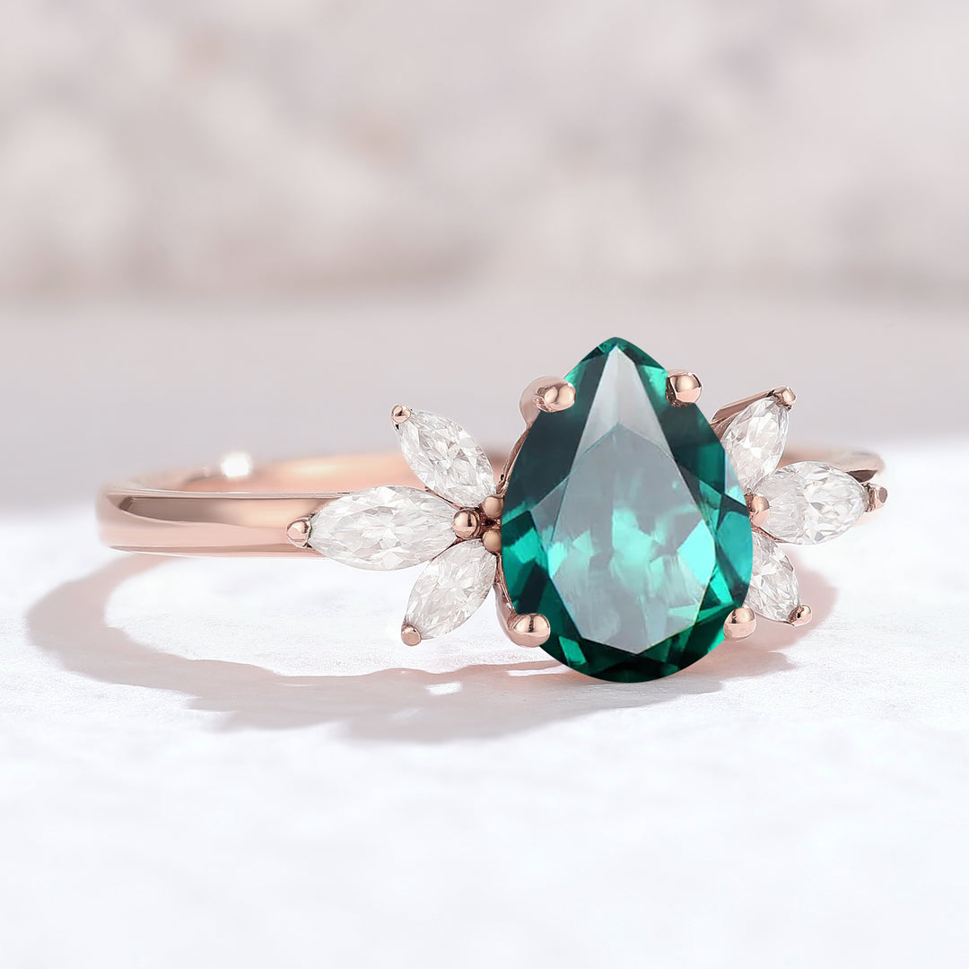 Nature Inspired Pear Cut Emerald with Petal Side Gemstone Ring - Iver Jewelry