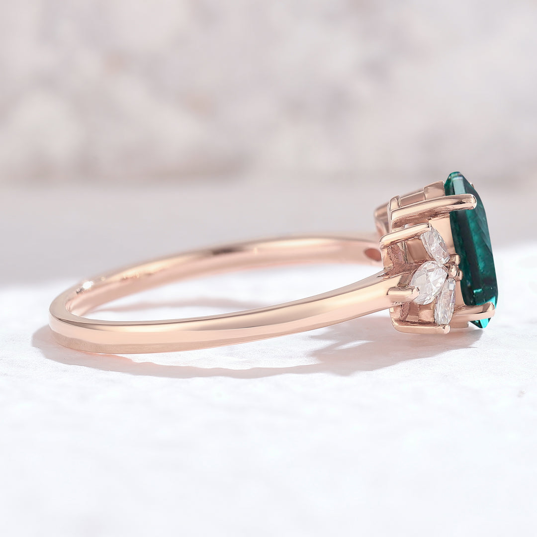 Nature Inspired Pear Cut Emerald with Petal Side Gemstone Ring - Iver Jewelry