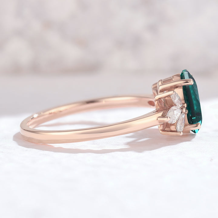 Nature Inspired Pear Cut Emerald with Petal Side Gemstone Ring - Iver Jewelry