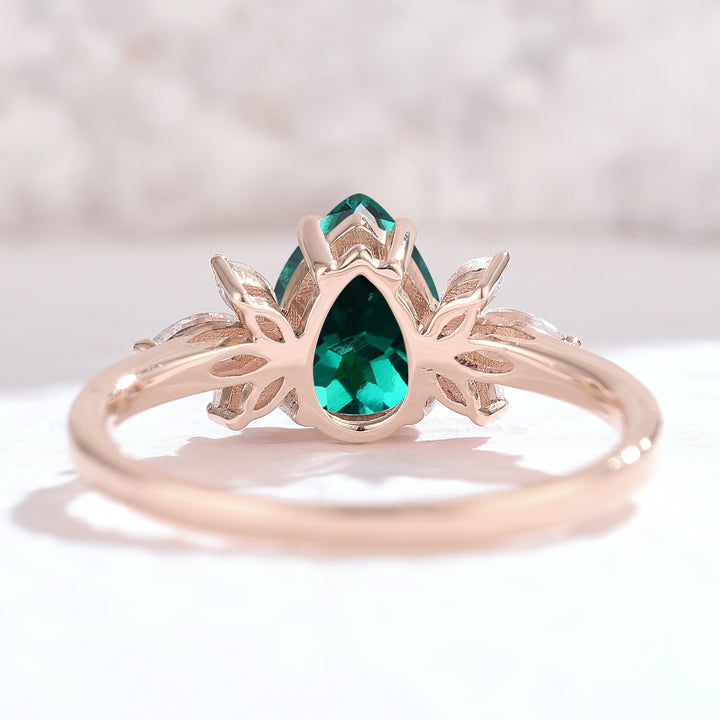 Nature Inspired Pear Cut Emerald with Petal Side Gemstone Ring - Iver Jewelry