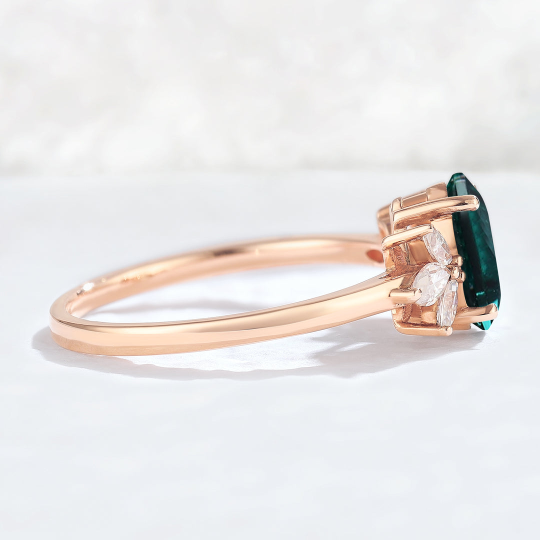 Nature Inspired Pear Cut Emerald with Petal Side Gemstone Ring