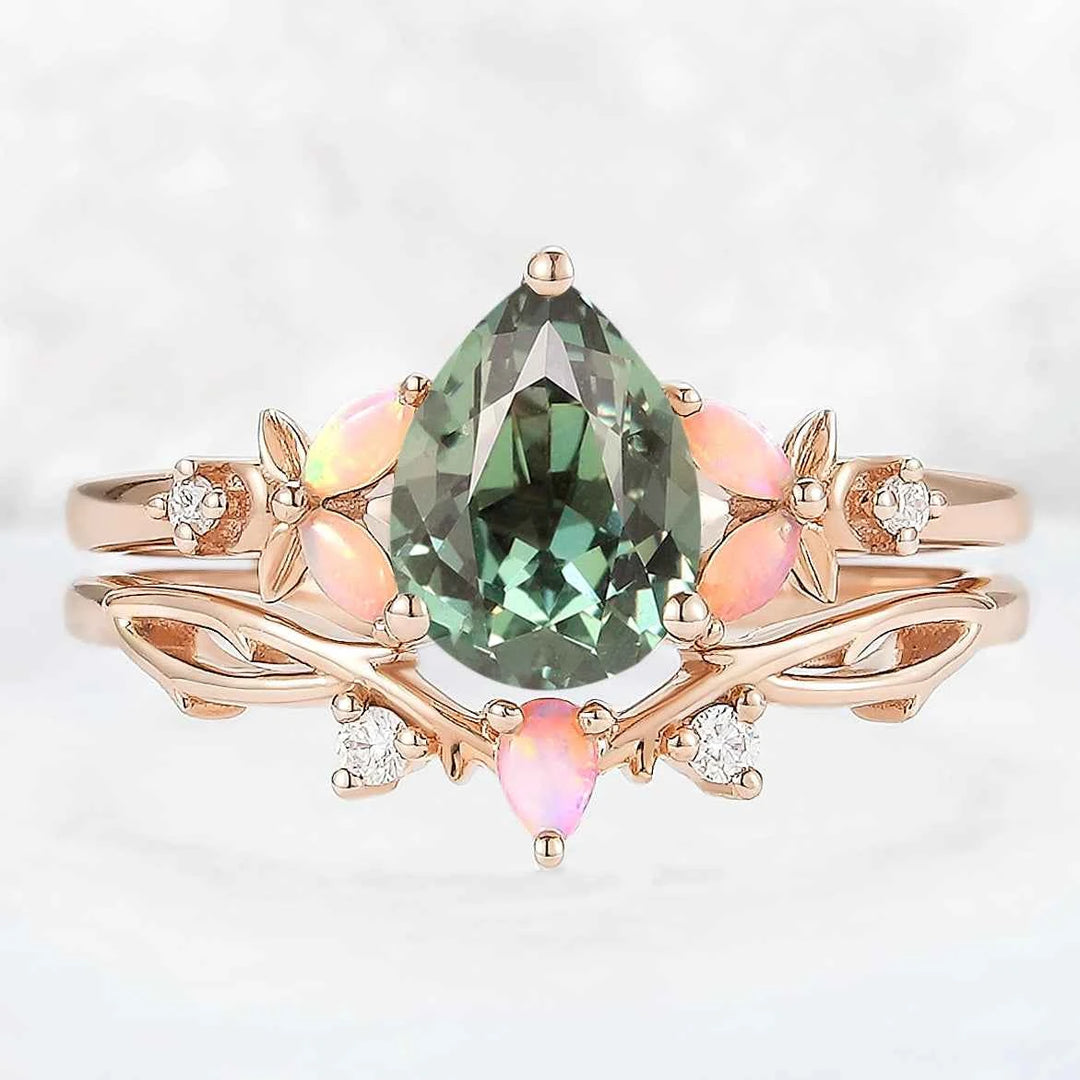 Nature Inspired Pear Cut Green Sapphire Gemstone Ring Set 2pcs