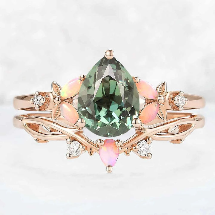 Nature Inspired Pear Cut Green Sapphire Gemstone Ring Set 2pcs