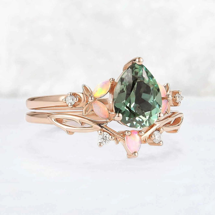 Nature Inspired Pear Cut Green Sapphire Gemstone Ring Set 2pcs