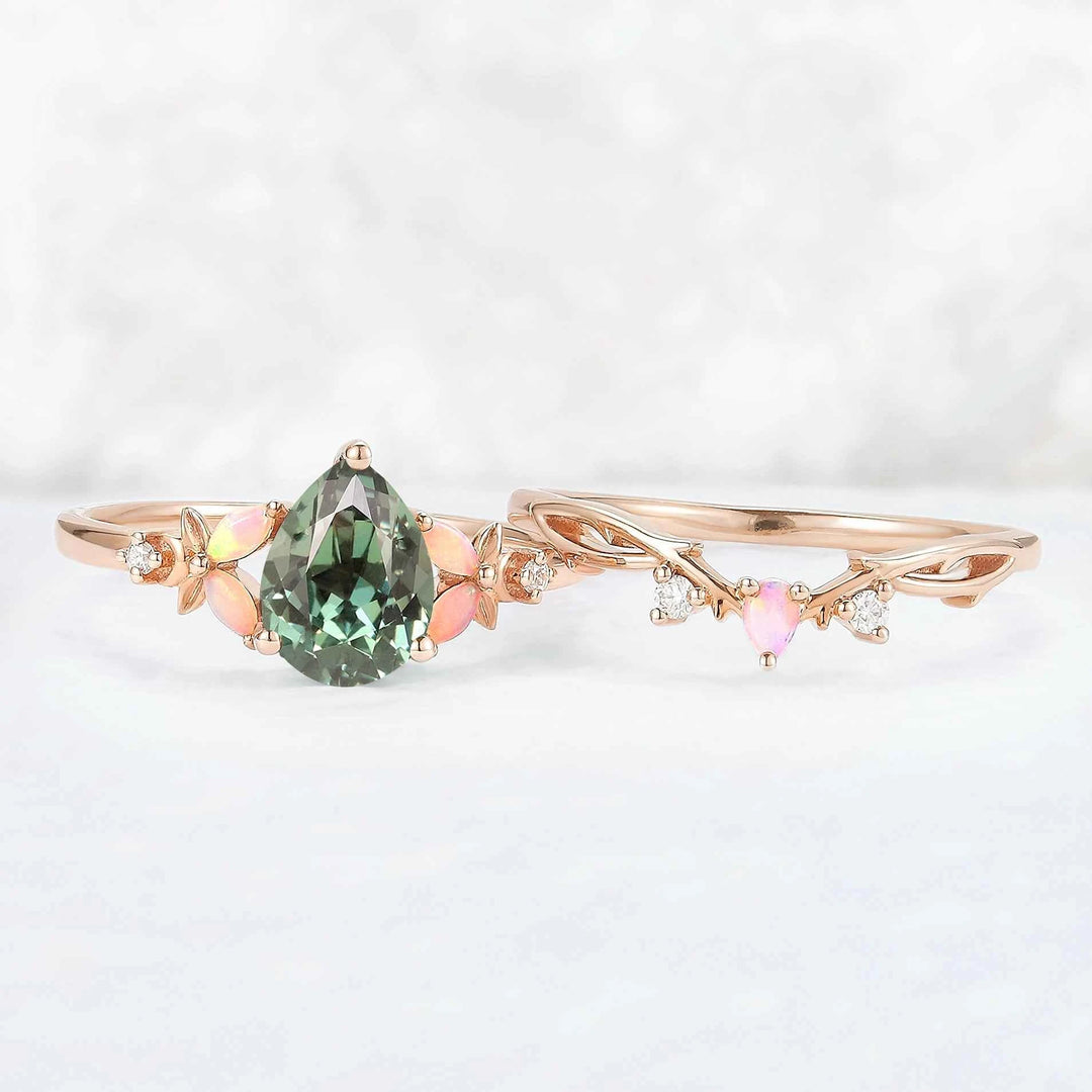 Nature Inspired Pear Cut Green Sapphire Gemstone Ring Set 2pcs