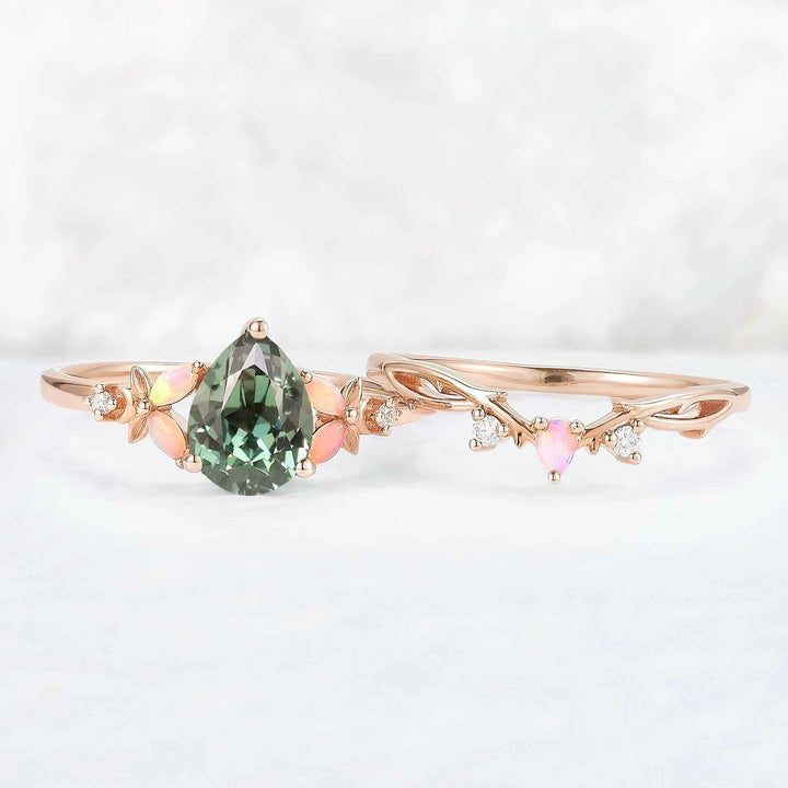 Nature Inspired Pear Cut Green Sapphire Gemstone Ring Set 2pcs