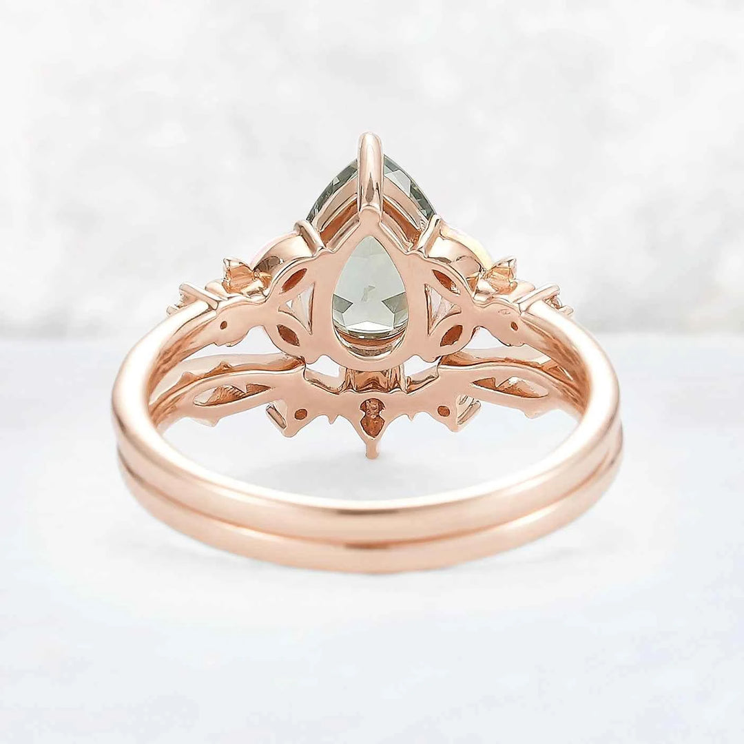 Nature Inspired Pear Cut Green Sapphire Gemstone Ring Set 2pcs