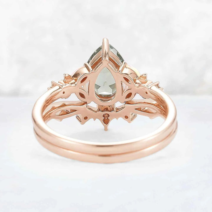 Nature Inspired Pear Cut Green Sapphire Gemstone Ring Set 2pcs