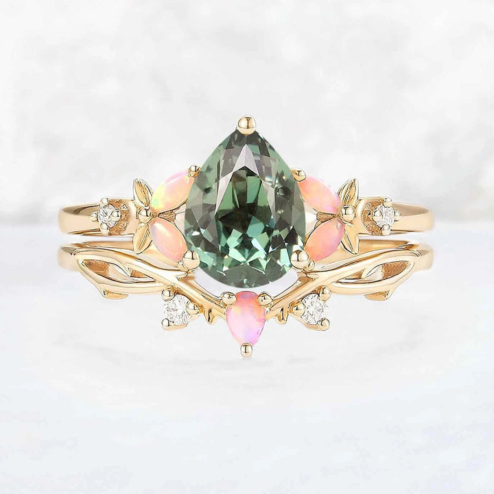 Nature Inspired Pear Cut Green Sapphire Gemstone Ring Set 2pcs