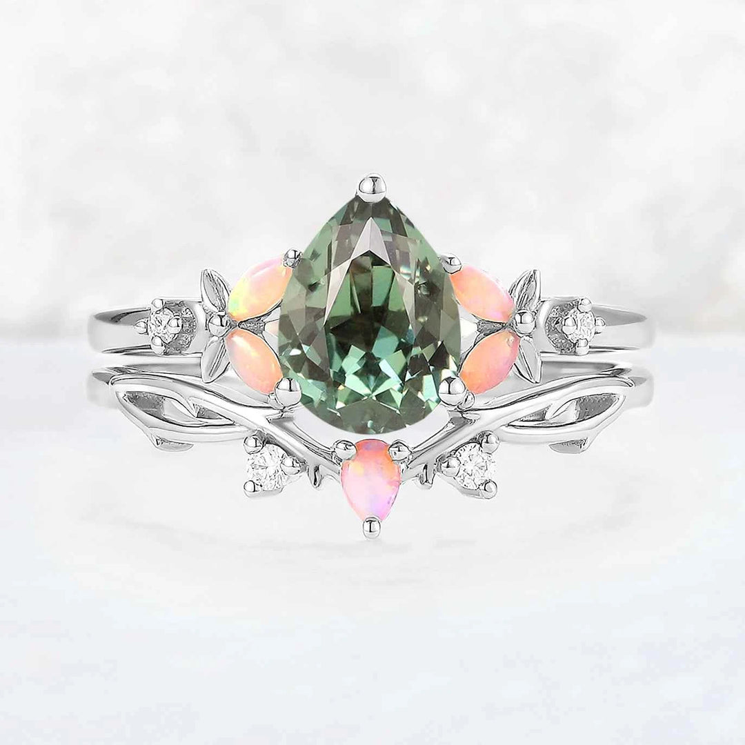 Nature Inspired Pear Cut Green Sapphire Gemstone Ring Set 2pcs
