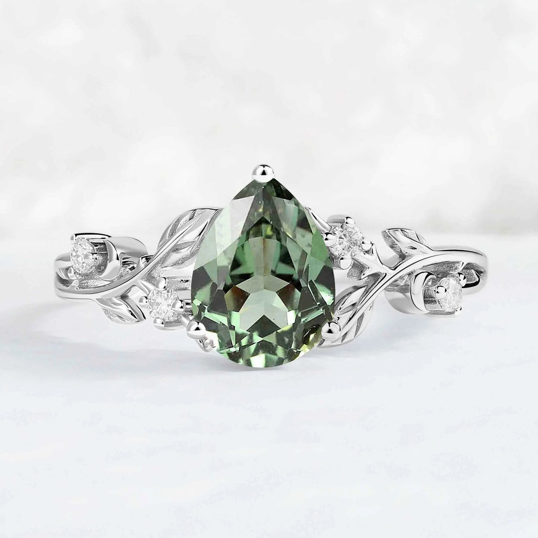 Nature Inspired Pear Cut Lab Green Sapphire Moon & Leafy Ring