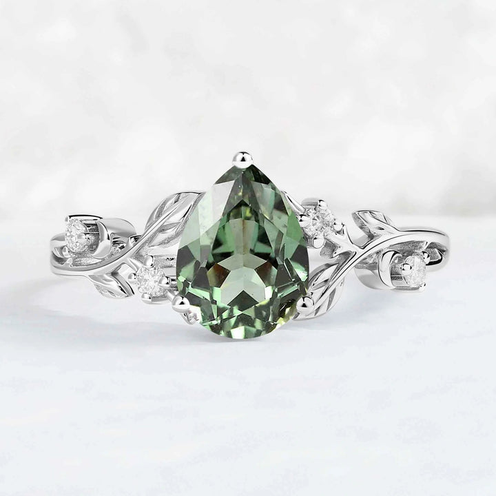 Nature Inspired Pear Cut Lab Green Sapphire Moon & Leafy Ring