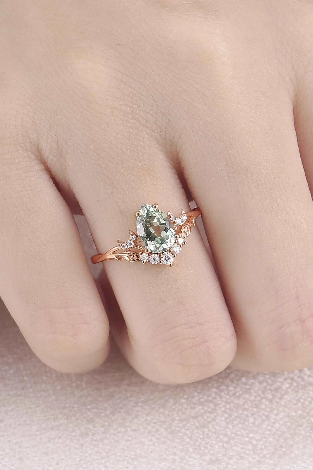 Nature Inspired Pear Cut Lab Green Sapphire Moon and Leaf Ring