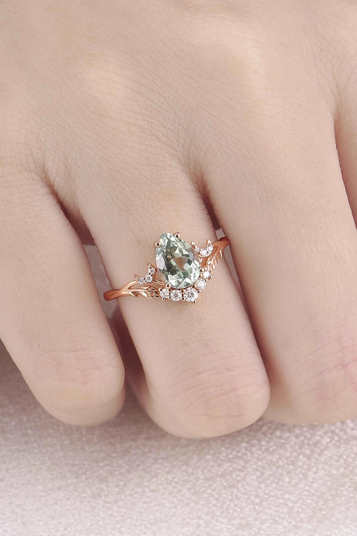 Nature Inspired Pear Cut Lab Green Sapphire Moon and Leaf Ring