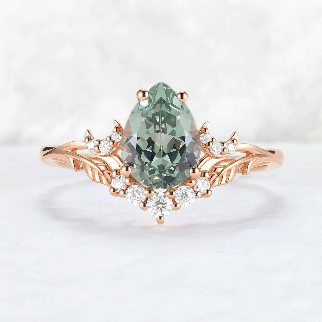 Nature Inspired Pear Cut Lab Green Sapphire Moon and Leaf Ring