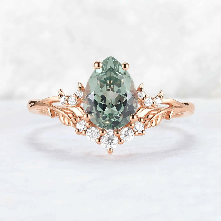 Nature Inspired Pear Cut Lab Green Sapphire Moon and Leaf Ring