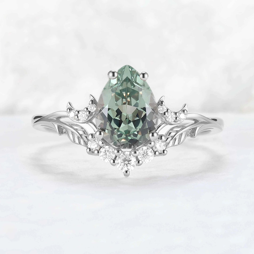 Nature Inspired Pear Cut Lab Green Sapphire Moon and Leaf Ring