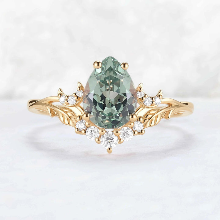 Nature Inspired Pear Cut Lab Green Sapphire Moon and Leaf Ring
