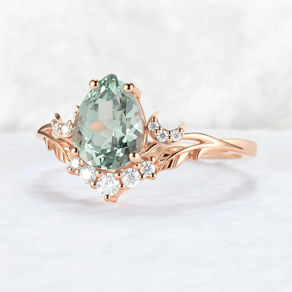 Nature Inspired Pear Cut Lab Green Sapphire Moon and Leaf Ring