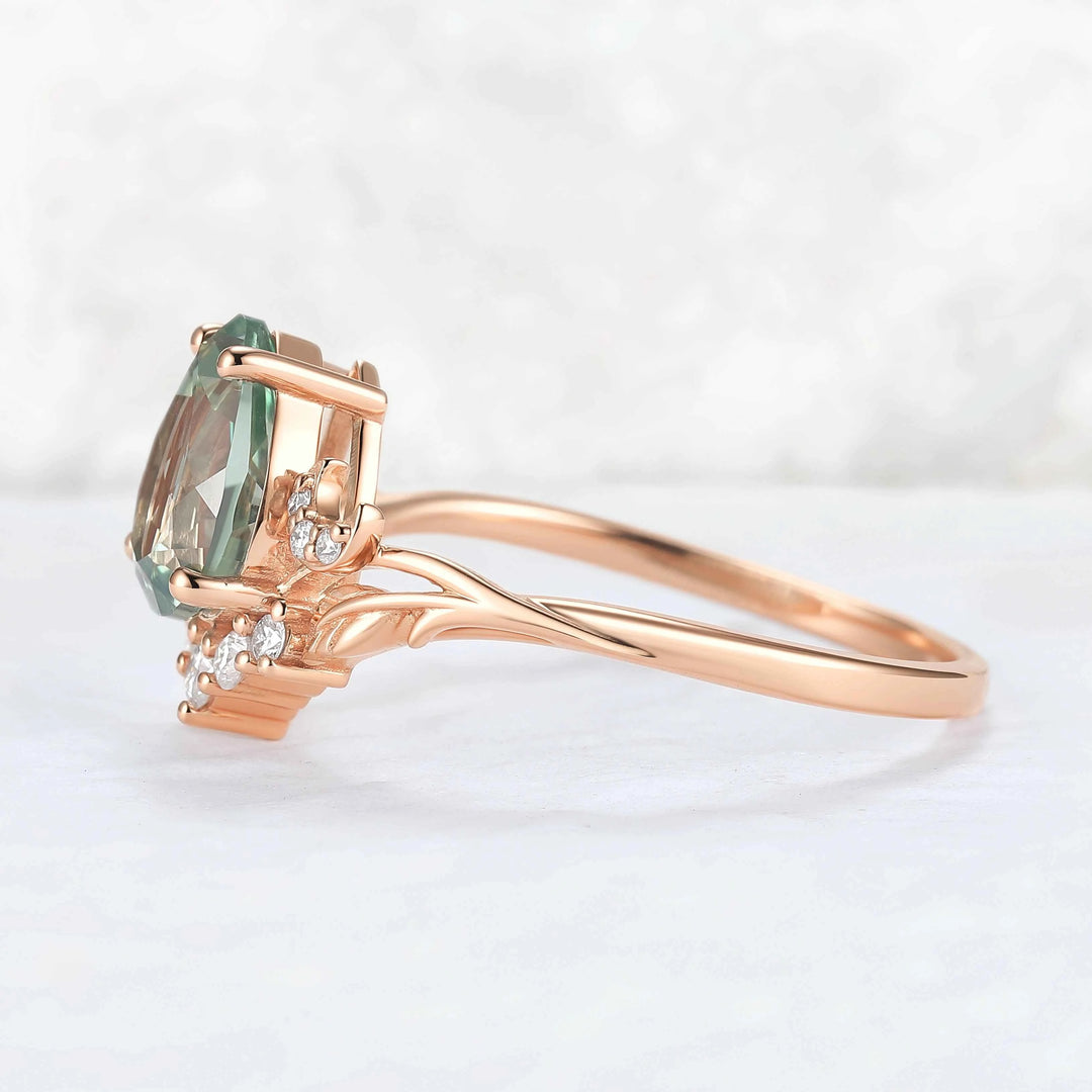 Nature Inspired Pear Cut Lab Green Sapphire Moon and Leaf Ring